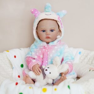 Realistic newborn baby doll with full silicone vinyl body, lifelike hair, heartbeat, magnetic eyes that blink, and sleeping reborn baby features.